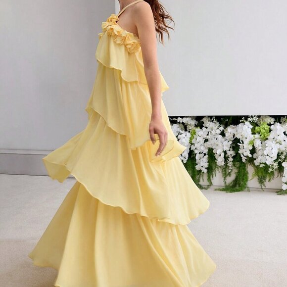 Yellow Elegant Women's Ruffle Trim Maxi Dress - Picture 1 of 7